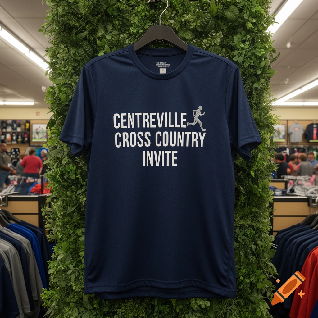 A navy blue t-shirt with "CENTREVILLE CROSS COUNTRY INVITE" text and a running figure, hanging in a retail store with foliage in the foreground.