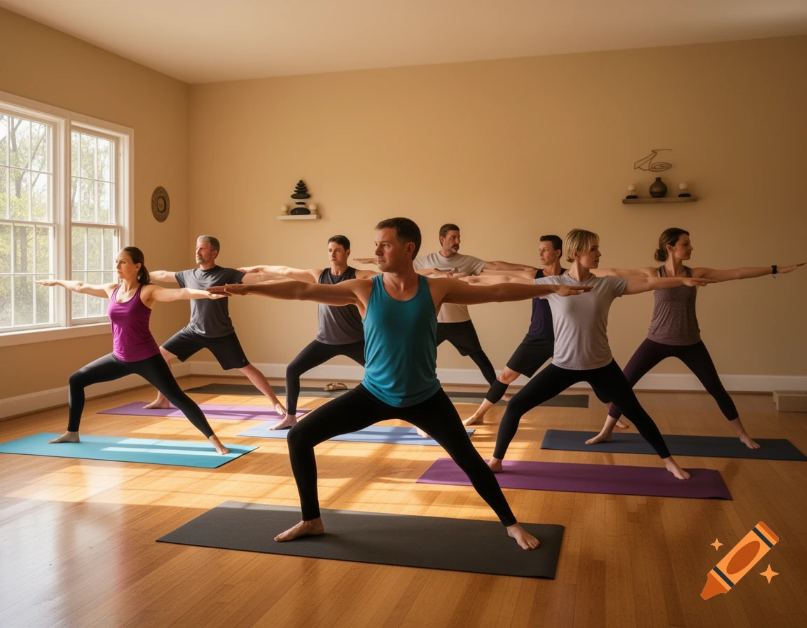 A group of men and women doing Warrior Two yoga pose in a bright studio with wooden floors.