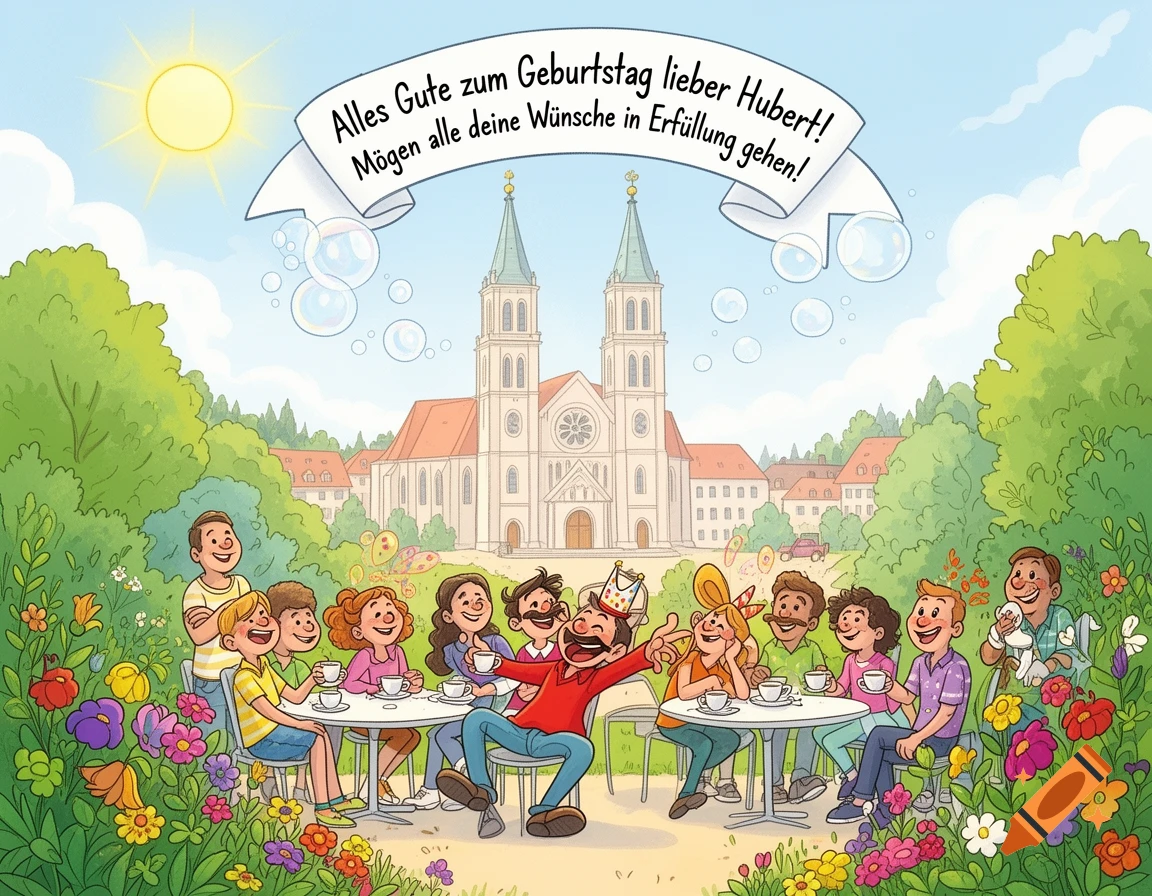 Cartoon illustration of people celebrating Hubert's birthday in a sunny garden with a church, banner reads 'Happy Birthday Hubert'.