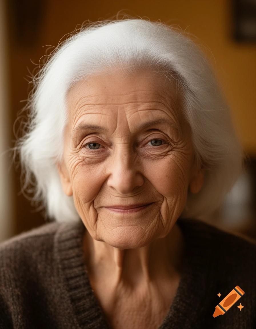A close-up, photorealistic portrait of a smiling elderly woman with white hair and wrinkles, wearing a brown sweater.