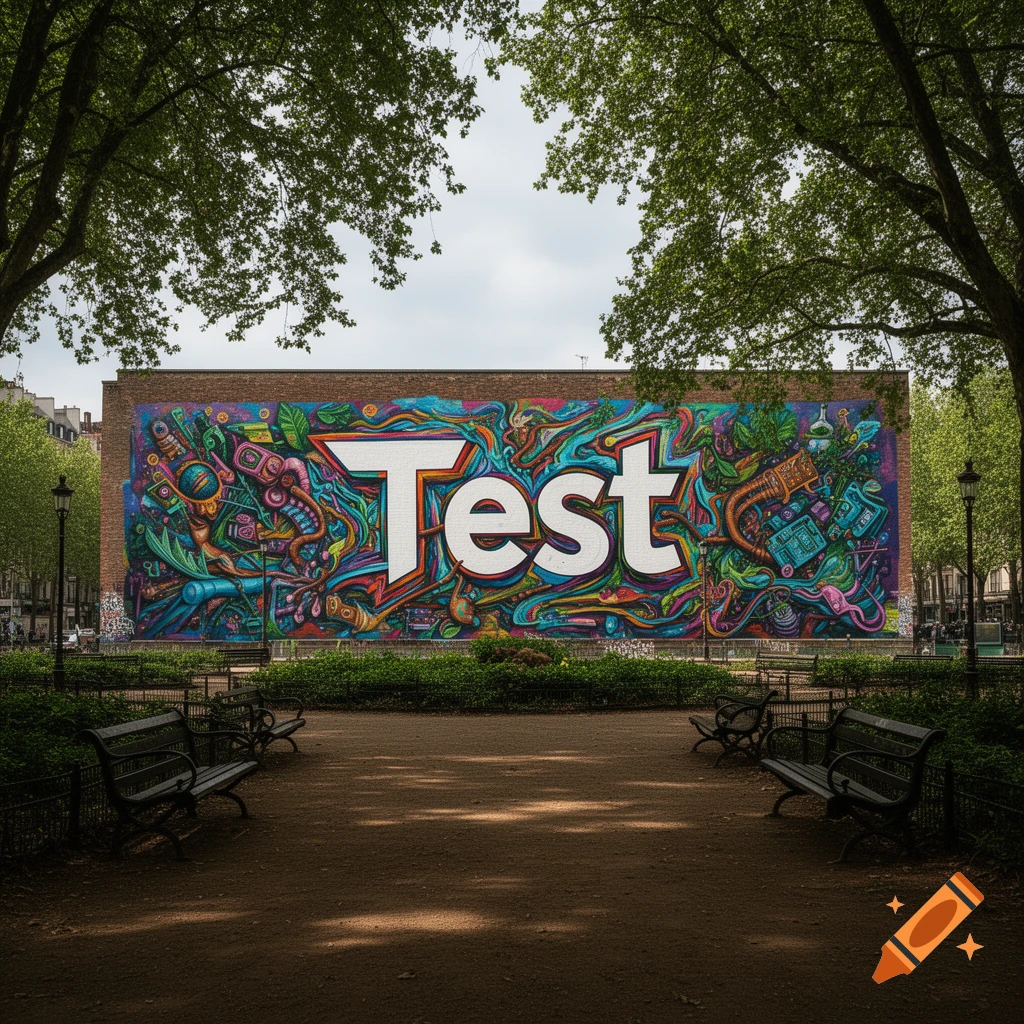 Vibrant street art mural featuring the word "Test" in large white letters, viewed from a park with green trees and benches.