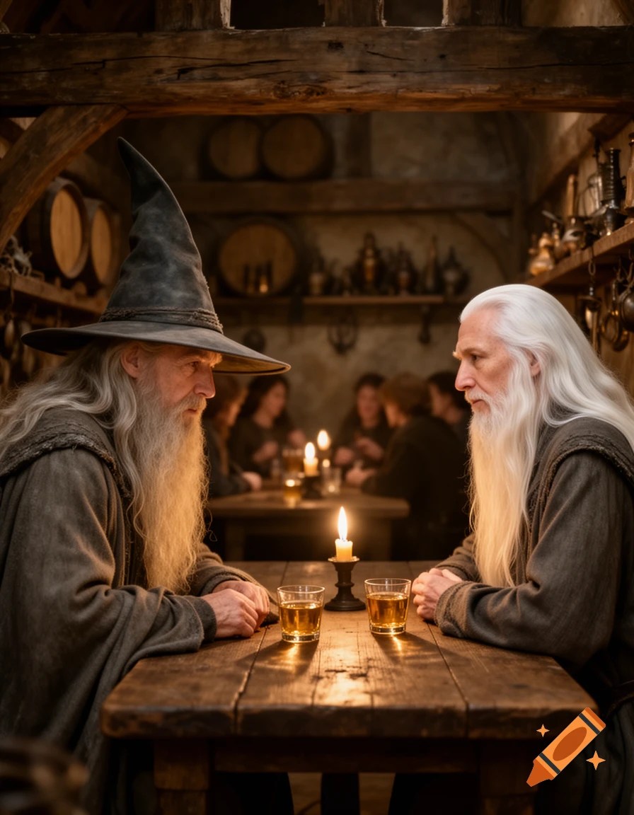 Two elderly wizards with long beards drink shots at a rustic wooden table in a dimly lit tavern, surrounded by other patrons, photorealistic.