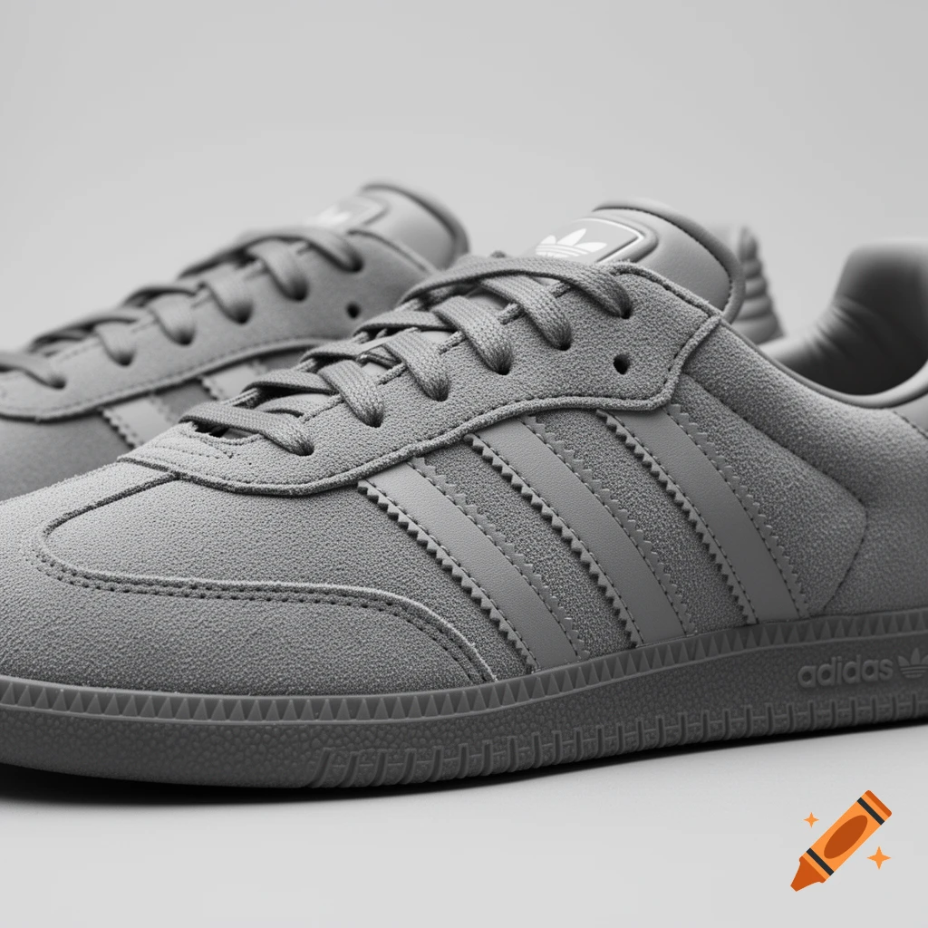 Close-up, photorealistic studio shot of two gray Adidas Samba sneakers on a light background.