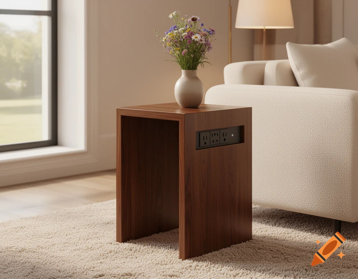 A modern wooden side table with integrated electrical outlets next to a beige sofa, holding a vase of wildflowers.