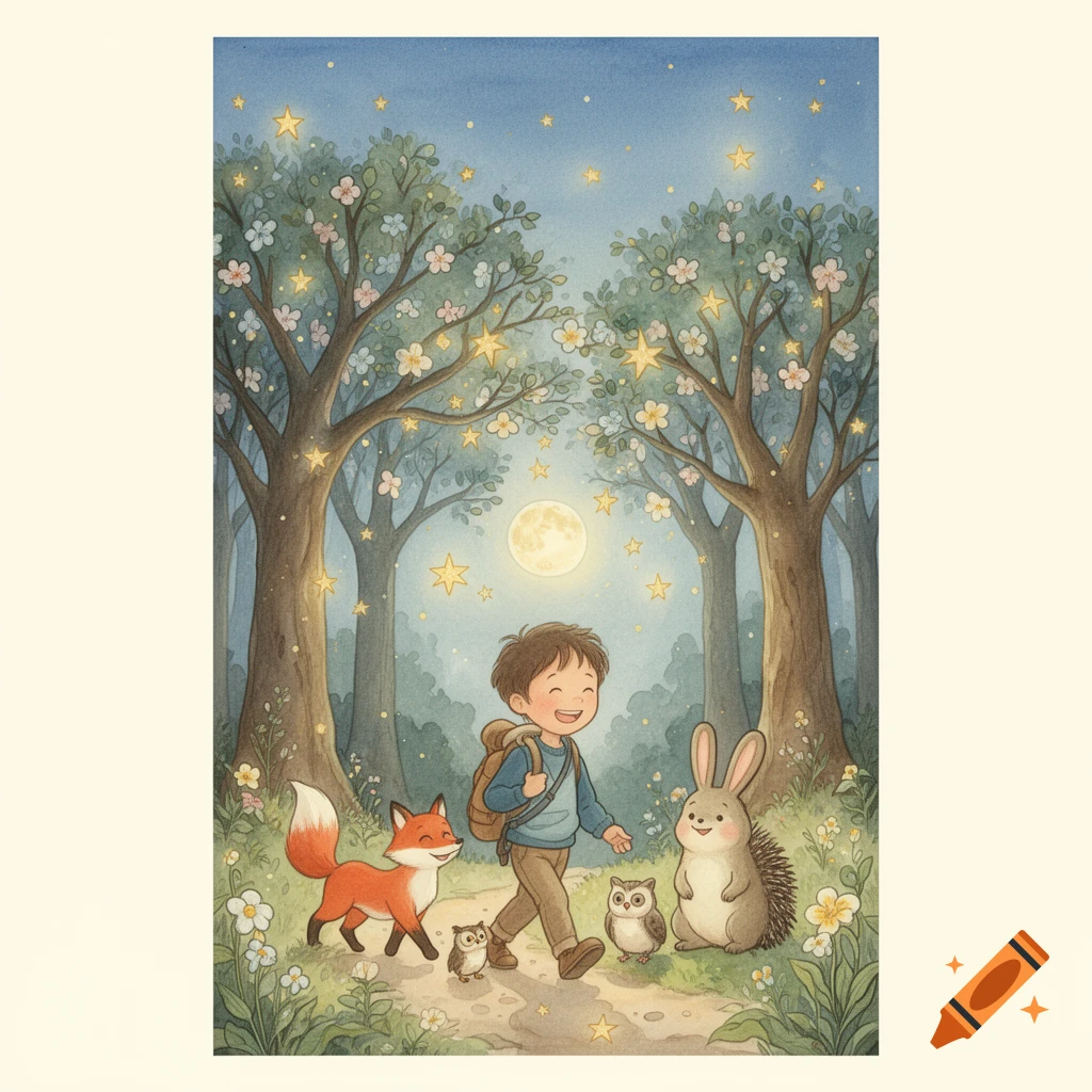 A smiling boy with a backpack walks through a magical star forest at night, accompanied by a fox, two owls, a rabbit, and a hedgehog. Watercolor illustration.