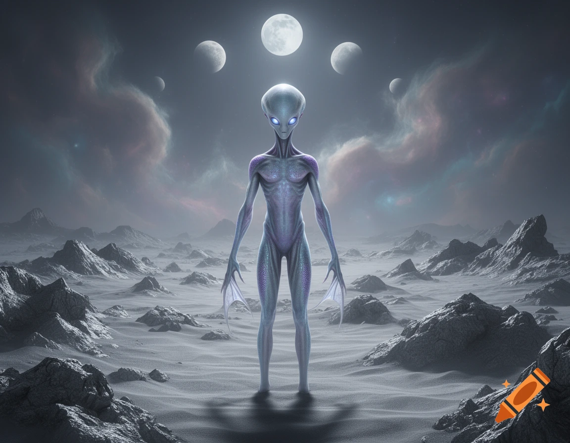 A tall, slender grey alien with glowing blue eyes and webbed hands stands on a desolate, rocky planet surface under multiple moons and a cloudy, nebulous sky.