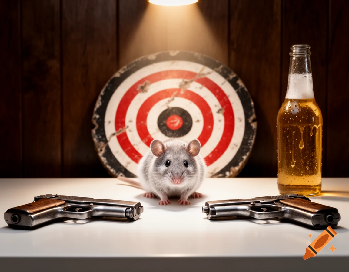 A small mouse sits between two pistols in front of a weathered dartboard and a beer bottle, under a spotlight.