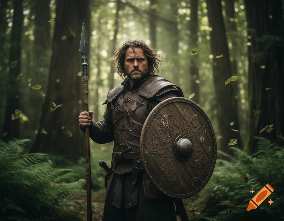 A serious-looking warrior in leather armor, holding a spear and a wooden shield, stands in a misty forest with falling leaves.
