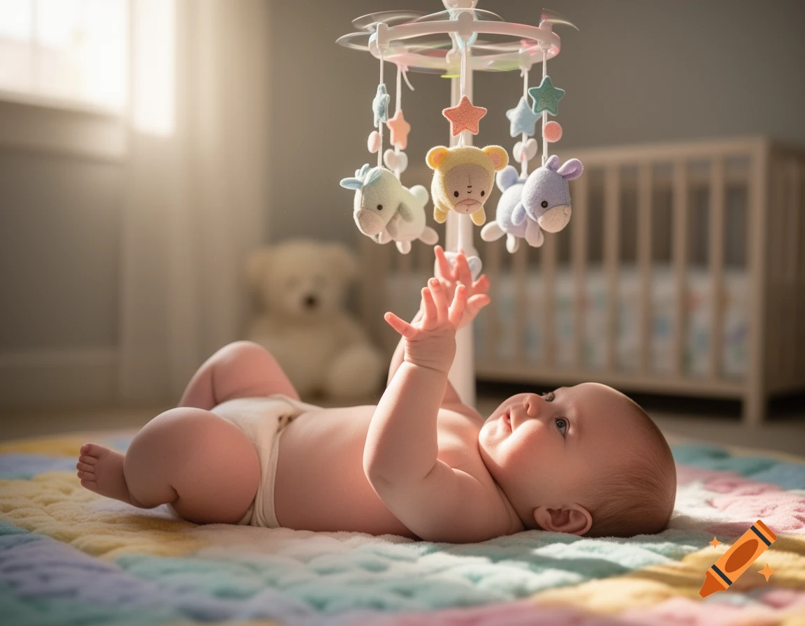 Baby lying on a colorful play mat, reaching up with tiny fingers toward a hanging mobile with plush animal toys in a brightly lit nursery.