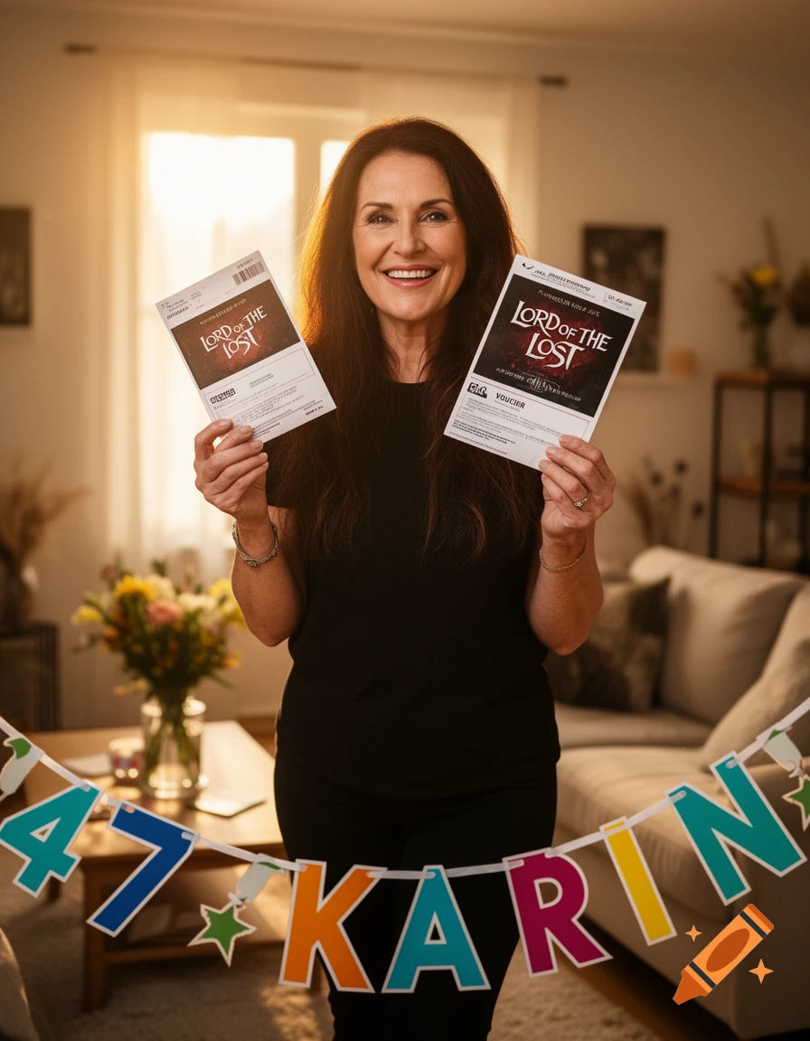 A smiling woman holds up two "Lord of the Lost" concert tickets and a voucher. A "47 Karin" birthday banner is in the foreground. Photorealistic.