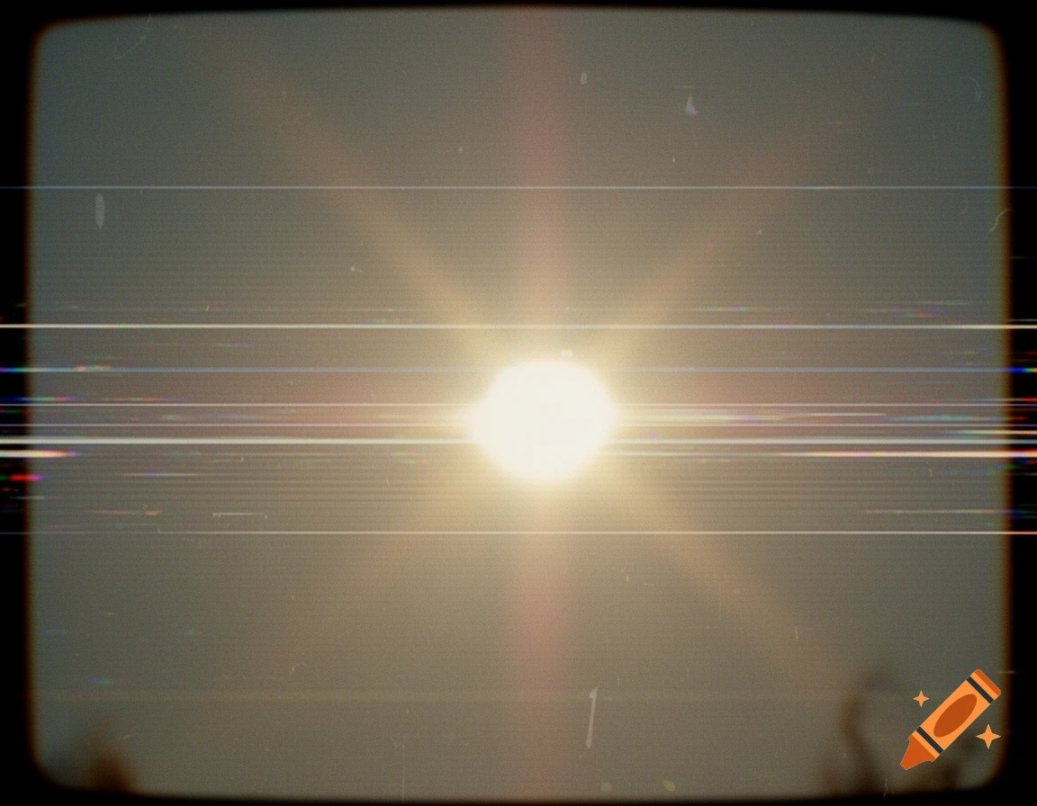 A retro, glitchy image of a bright sun with horizontal light rays and scan lines, framed like an old TV screen.