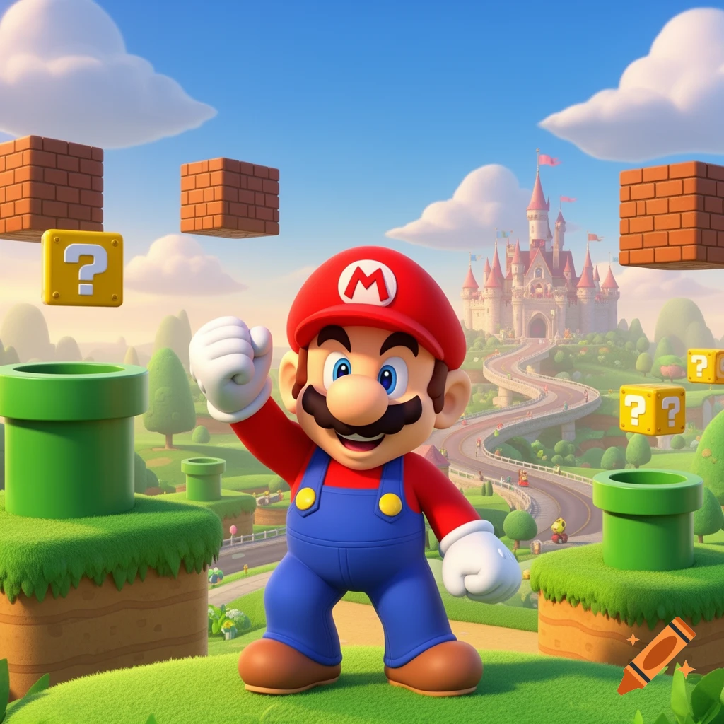 Mario stands triumphantly in a vibrant Super Mario Bros. landscape with warp pipes, question mark blocks, and Princess Peach's castle.