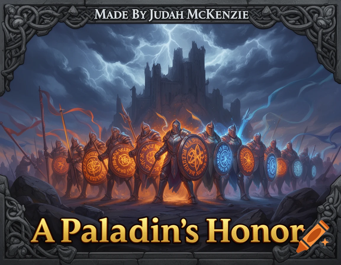 Armored paladins stand in a line before a dark castle under a stormy, lightning-filled sky. Text reads 'A Paladin's Honor'.