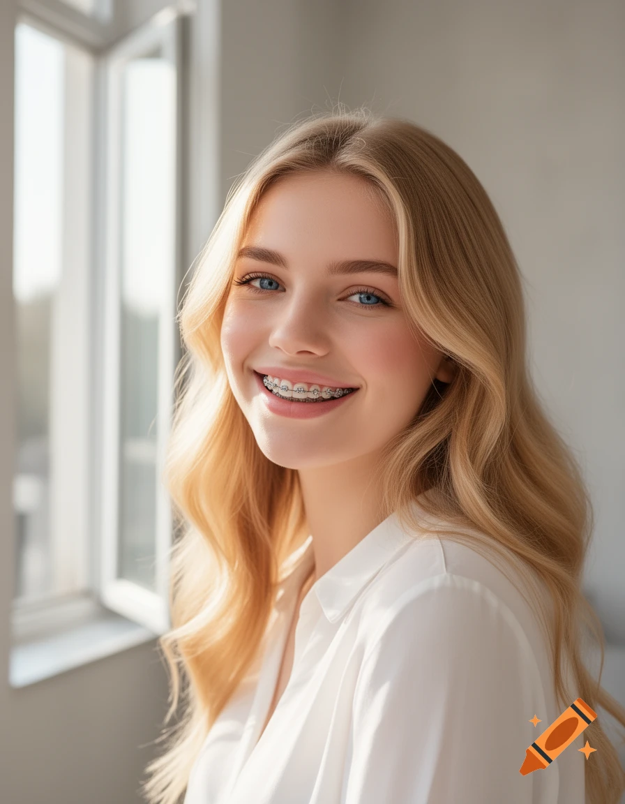 Smiling photorealistic portrait of a blonde woman with braces, wearing a white shirt, by a window.