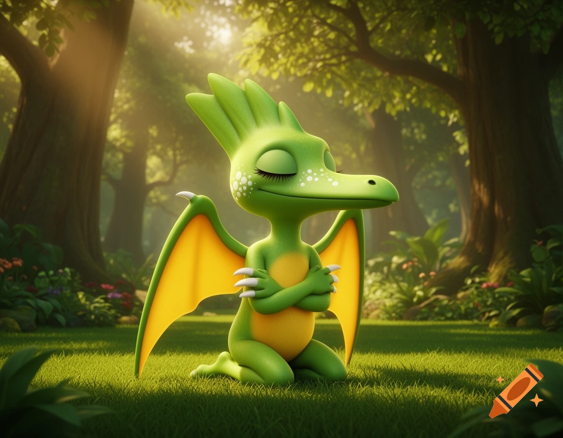 A cute 3D CGI green pteranodon character kneels in a sunny forest, hugging itself with closed eyes, surrounded by soft grass and tall trees.