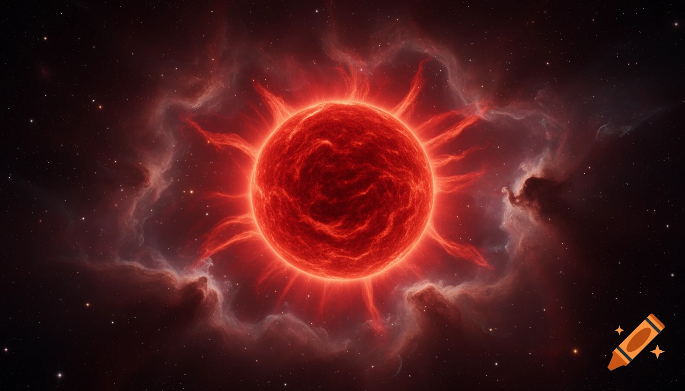 A vibrant red ultragiant star, XT Orion, glows intensely amidst swirling reddish-brown nebulae and distant stars in deep space.