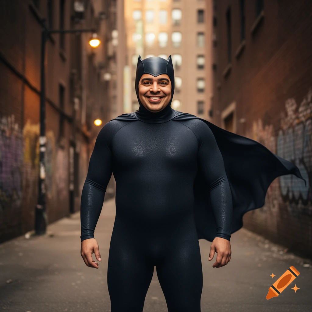 A smiling man in a black superhero suit with a cape and cowl stands in an urban alleyway.