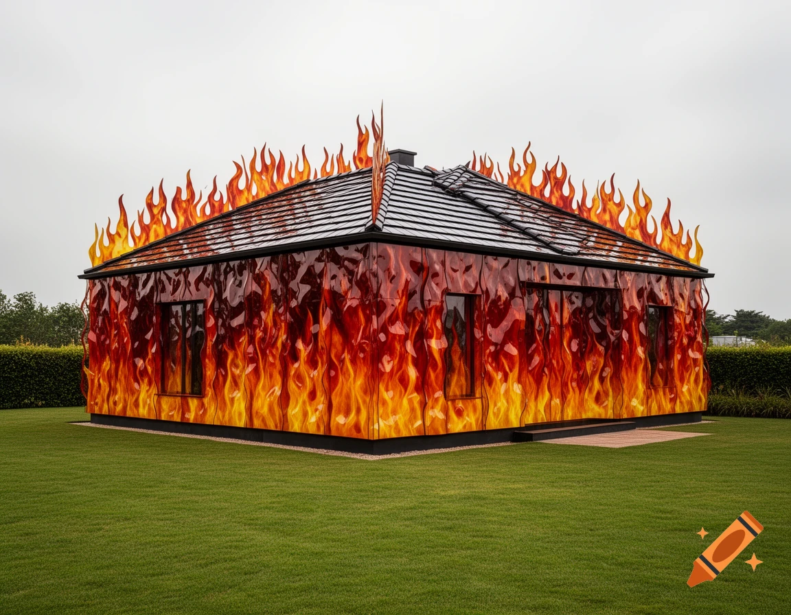 A house covered in a realistic fire-like design, with flame-shaped structures on the roof, situated on a green lawn.