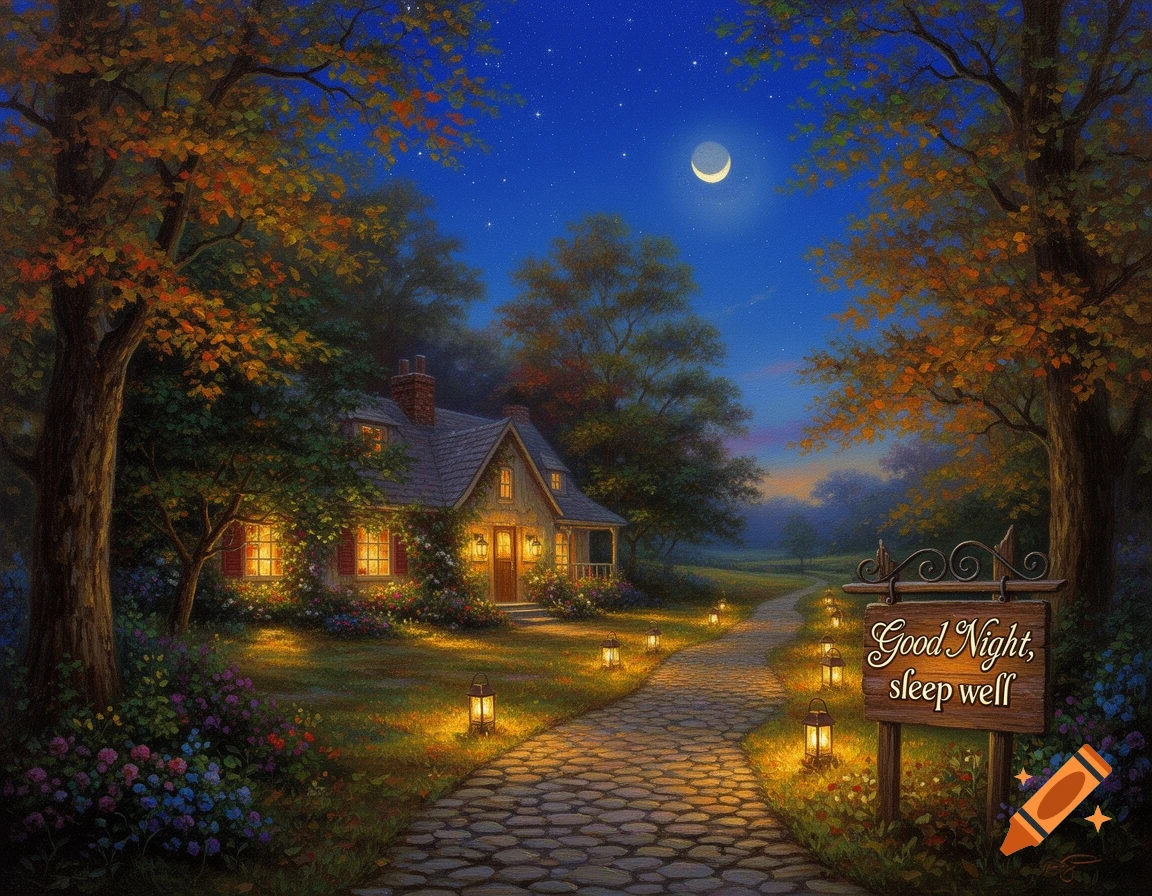 Oil painting of a cozy cottage in an autumn forest at night, with a lantern-lit path and a 'Good Night, sleep well' sign under a crescent moon.