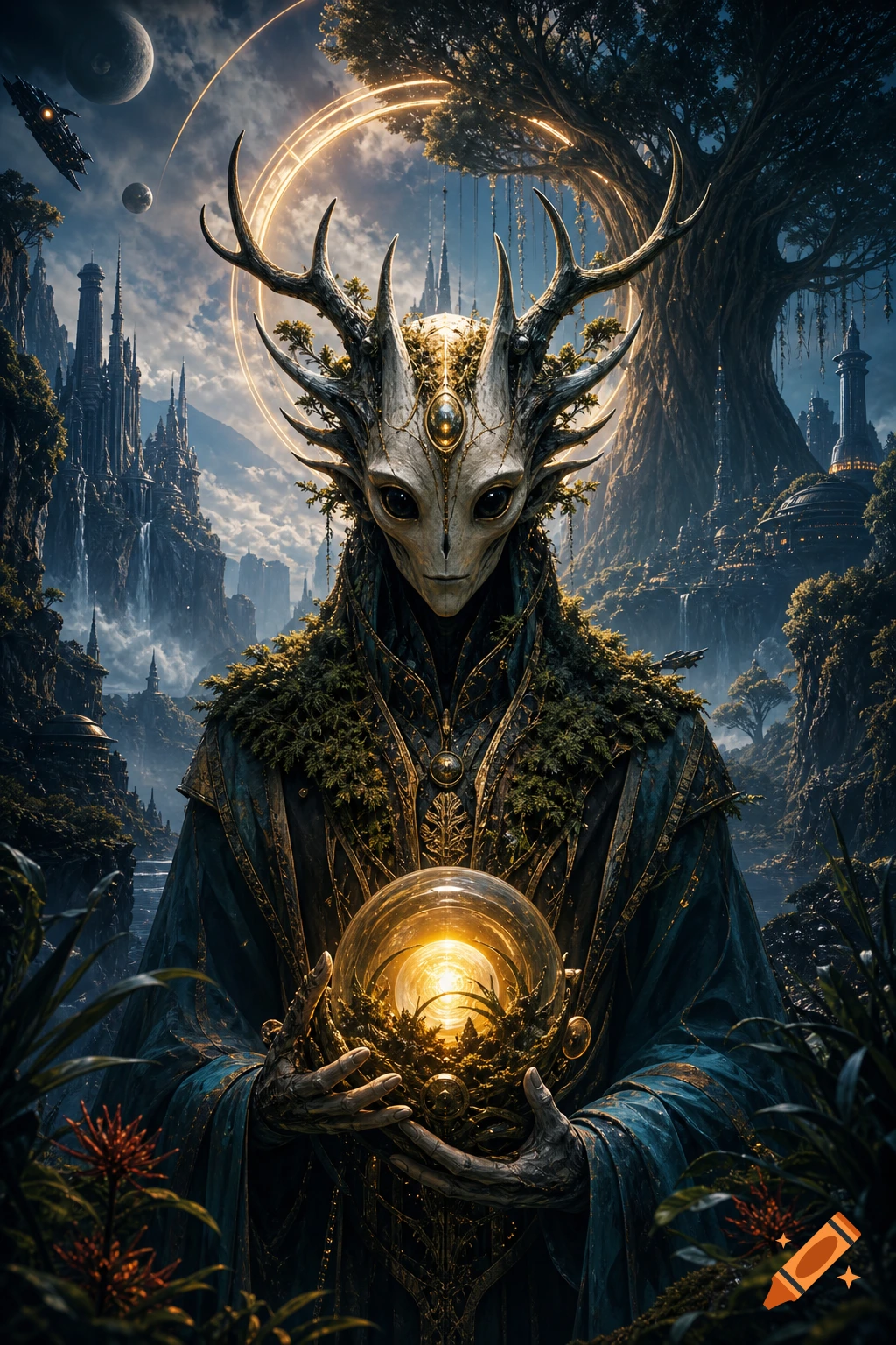 A horned alien-like being in a teal robe holds a glowing orb, in a mystical sci-fi fantasy landscape with futuristic cities and planets.