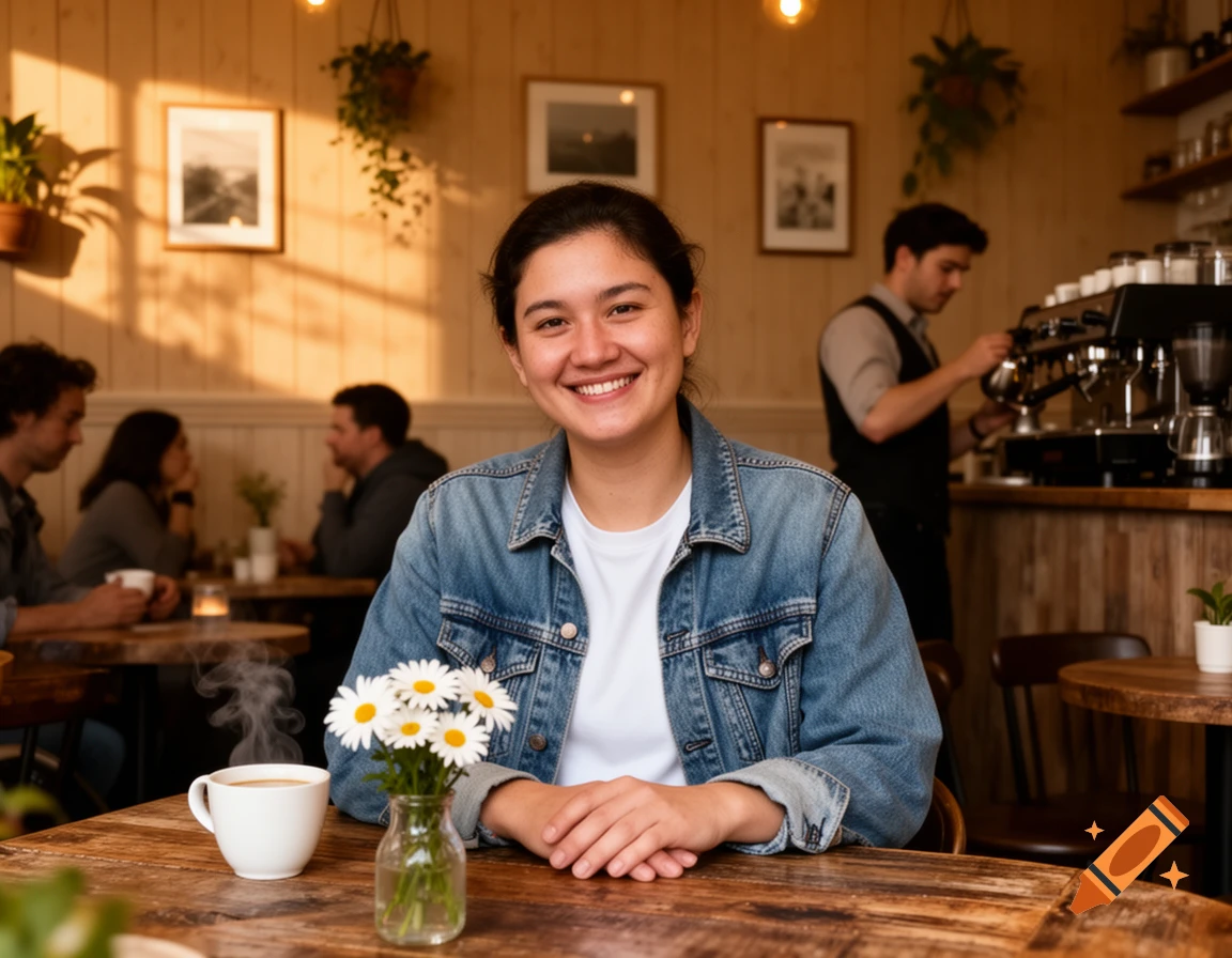 A smiling woman in a denim jacket sits at a wooden table in a bustling coffee shop, with a hot coffee and daisies.