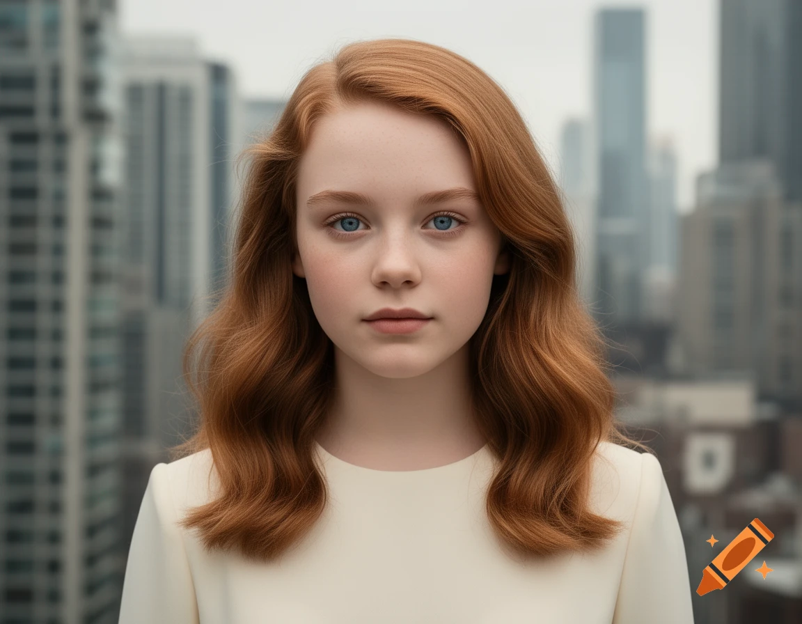 Close-up photorealistic portrait of a young woman with red hair and blue eyes, wearing a cream top, against a blurred city skyline.
