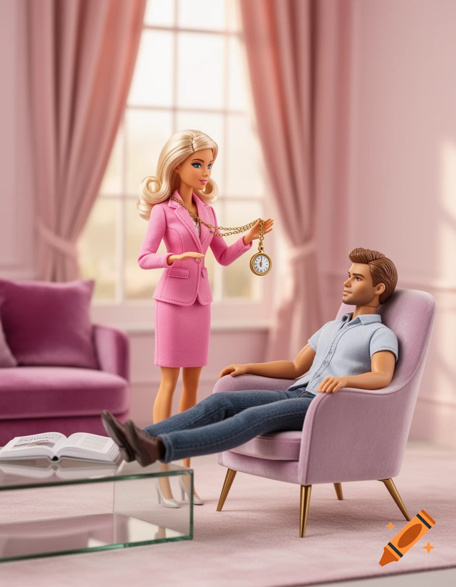 A Barbie doll in a pink suit holds a pendulum watch over a Ken doll relaxing in a chair, appearing to hypnotize him in a pink-themed room.
