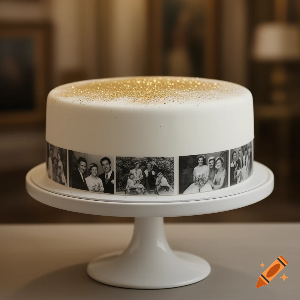 A white cake with gold glitter on top and a band of black and white vintage photos around its side, on a white stand.