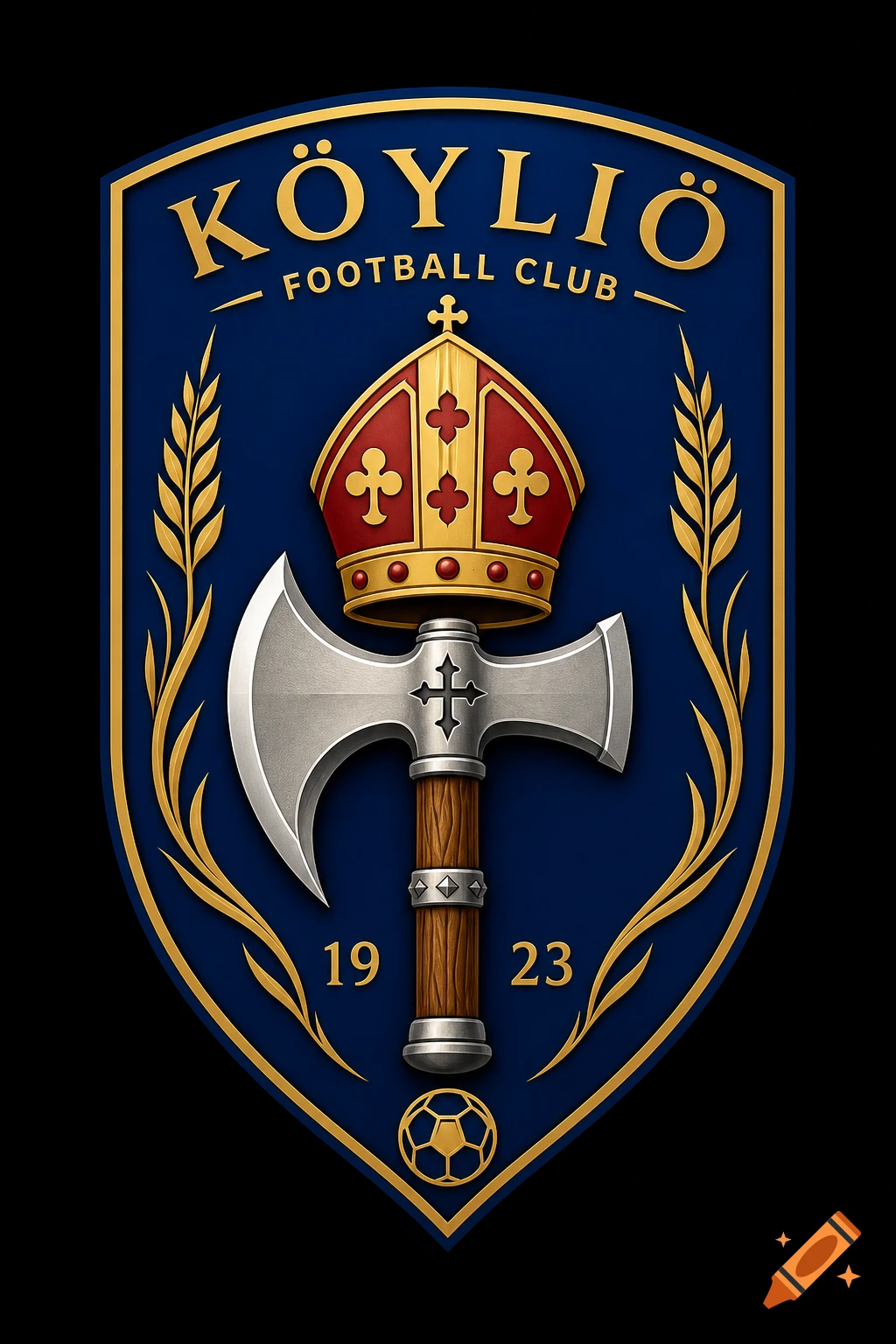 A detailed football club crest on a blue shield featuring a gold bishop's mitre, a silver battle axe, wheat, a football, and text 'KÖYLIÖ FOOTBALL CLUB 19 23'.