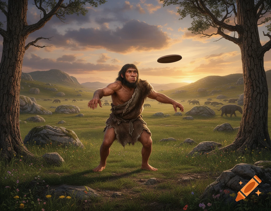 A prehistoric Neanderthal man throws a wooden disc in a grassy field with trees, mountains, and mammoths at sunset, photorealistic.