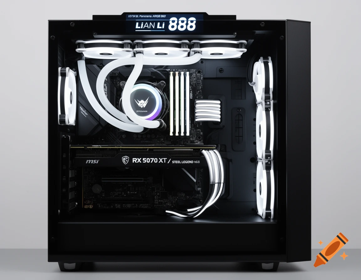 A close-up shot of a custom-built black PC interior, featuring white liquid cooling tubes, illuminated fans, RAM, and a GPU with white LED accents.