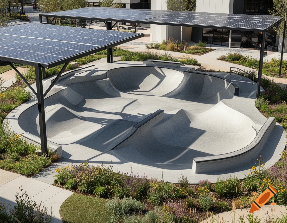 A modern concrete skatepark with various ramps and bowls, partially covered by solar panel canopies, surrounded by green landscaping.