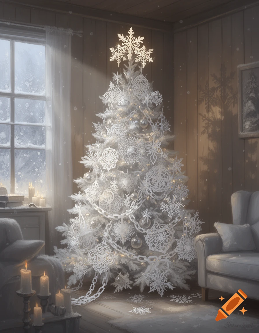 A beautifully decorated white Christmas tree with intricate paper cutouts, snowflakes, and chains in a cozy room with candles and a snowy window.