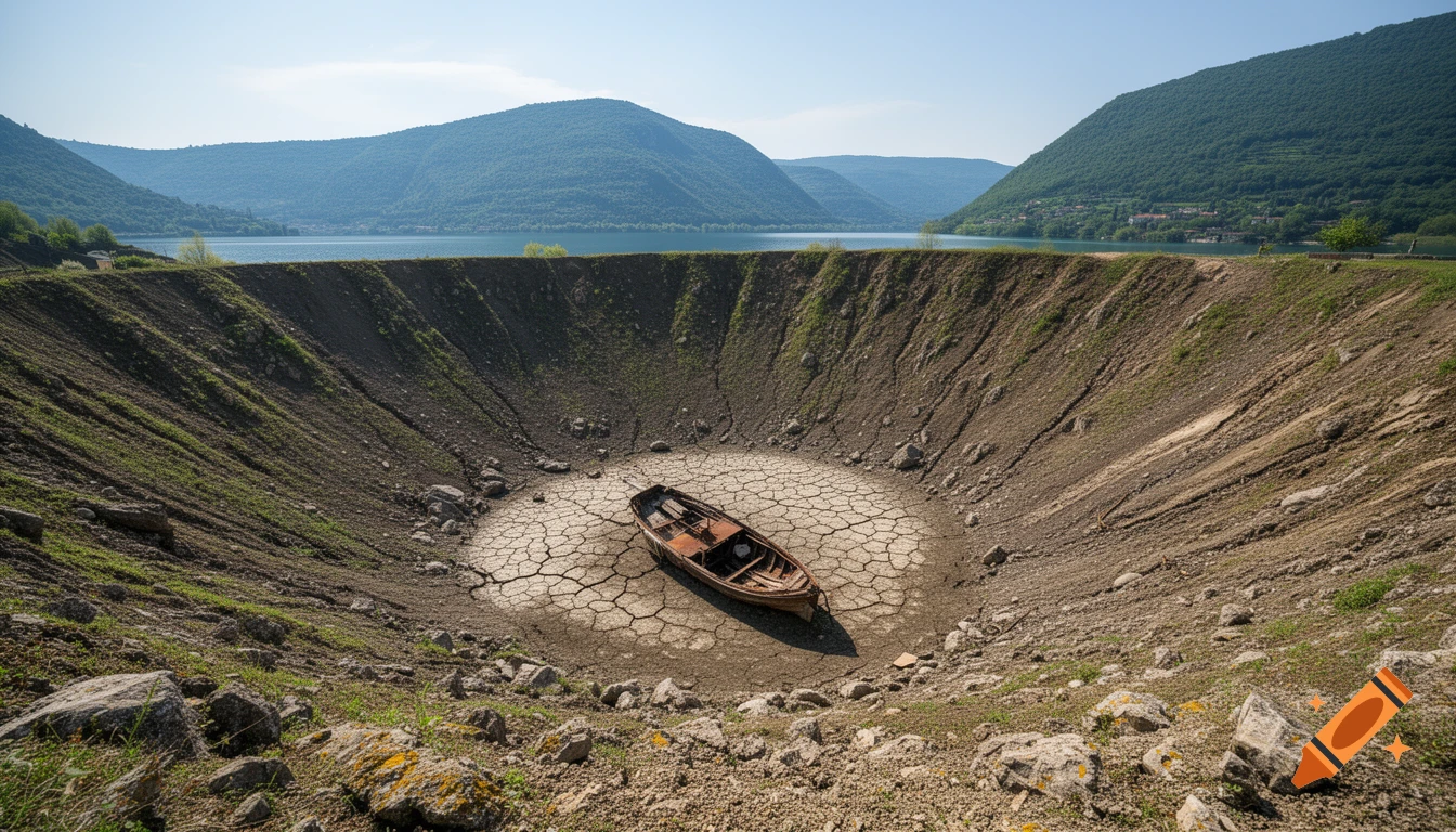 A large, dry crater with cracked earth and an old boat in the center, surrounded by green mountains and a calm lake under a clear sky.