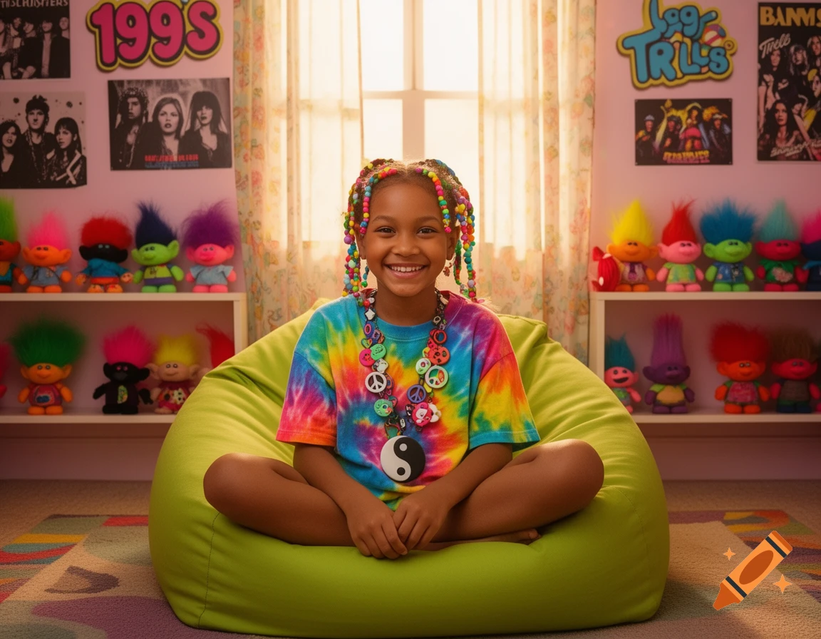 A smiling girl with beaded hair and a tie-dye shirt sits on a green bean bag chair in a 90s-themed room with Troll dolls and band posters.