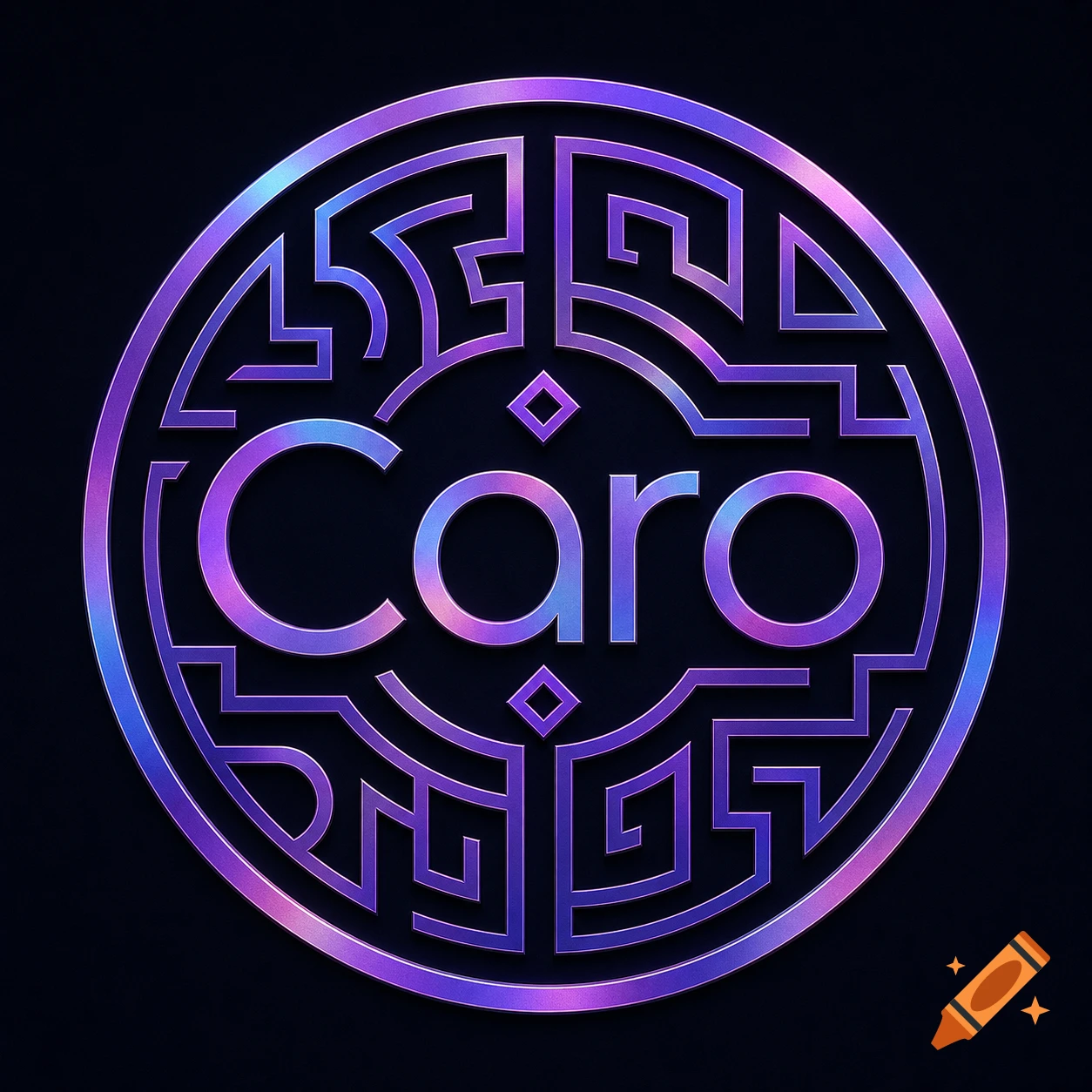 Iridescent metallic logo for 'Caro' in a circular labyrinth design on a dark background.