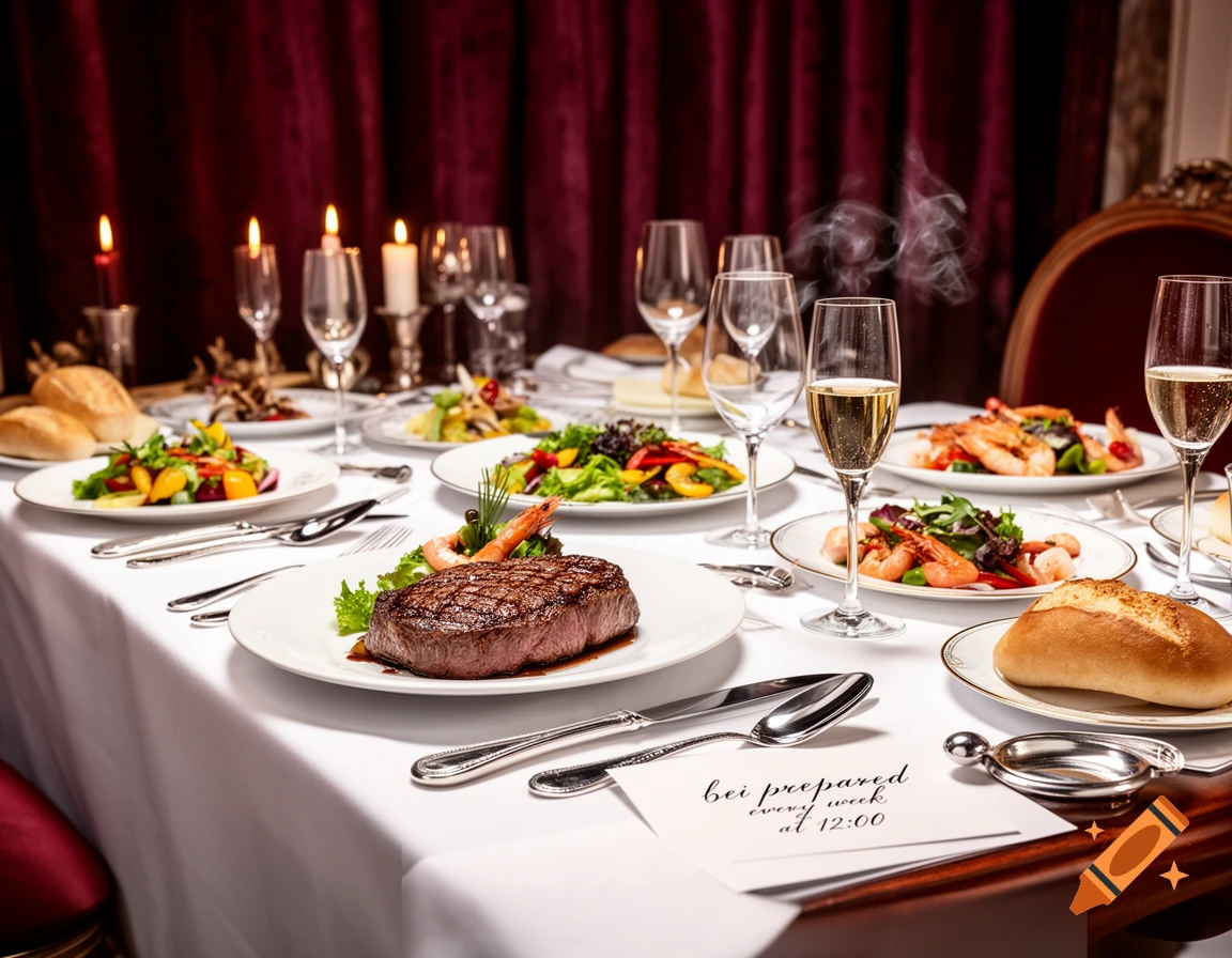 A beautifully set table for a fine dining experience with steak, shrimp, salads, bread, champagne, and lit candles in a formal setting.