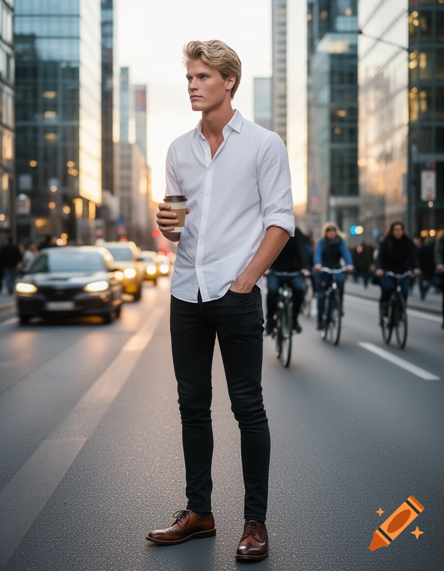 A young blonde man in a white shirt and black pants stands with a coffee cup in a busy city street at sunset, photorealistic.