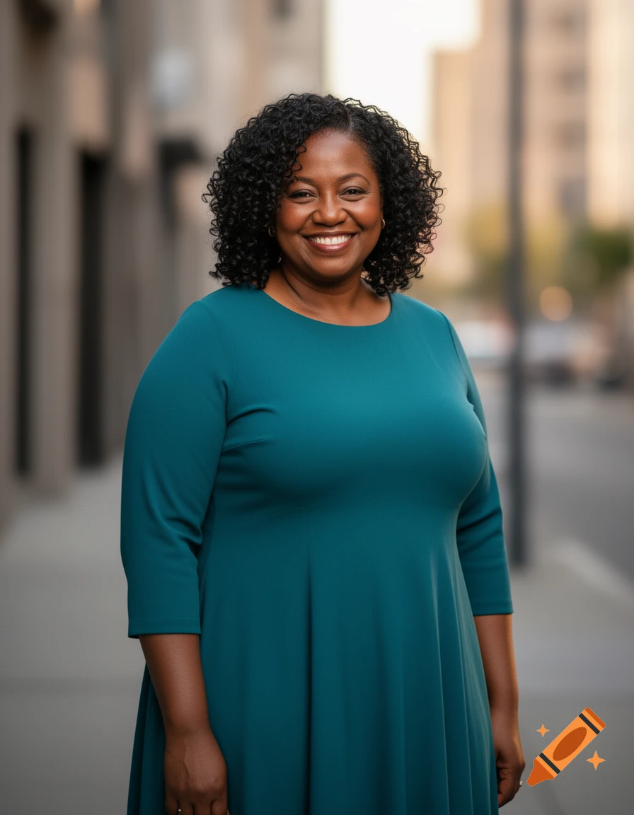 A smiling Black woman with curly hair wears a teal dress, standing outdoors on a city street.