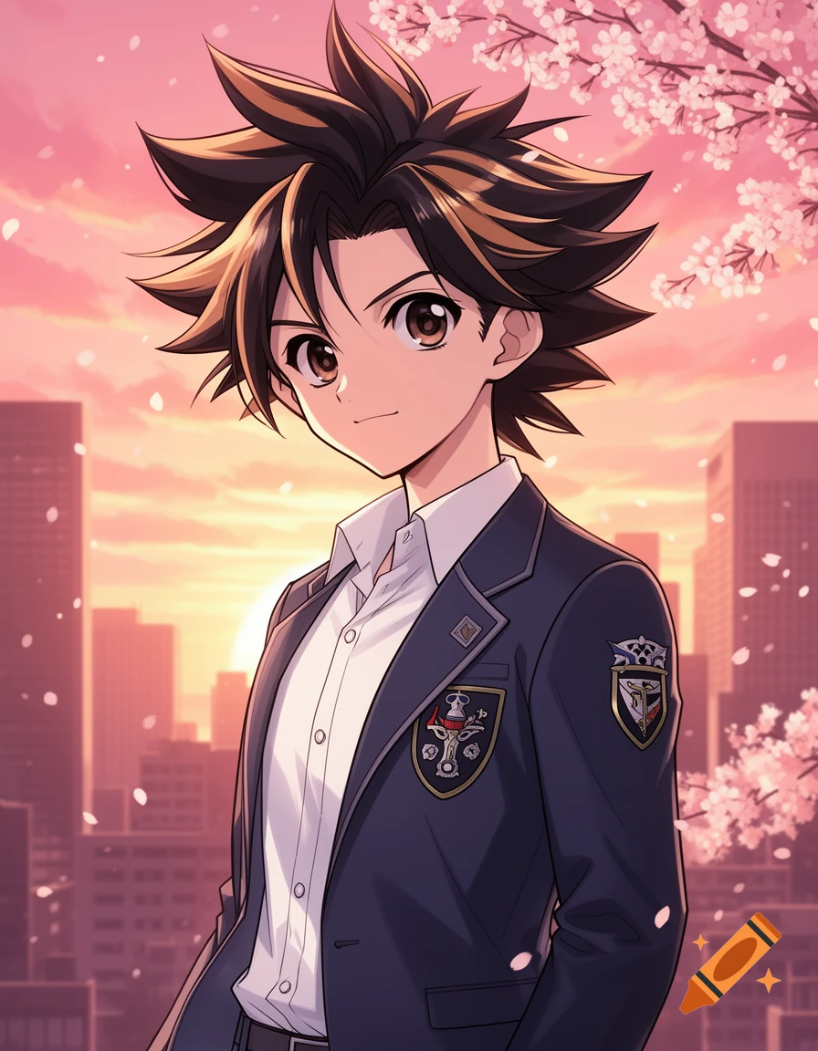 Anime-style boy with spiky brown hair in a school uniform, smiling against a pink sunset city skyline with cherry blossoms.
