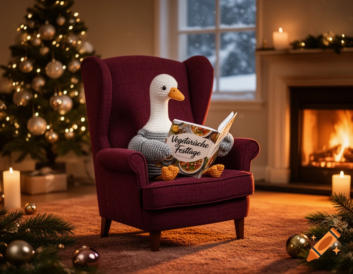 A photorealistic crocheted goose reads a cookbook in a red armchair by a fireplace and Christmas tree.