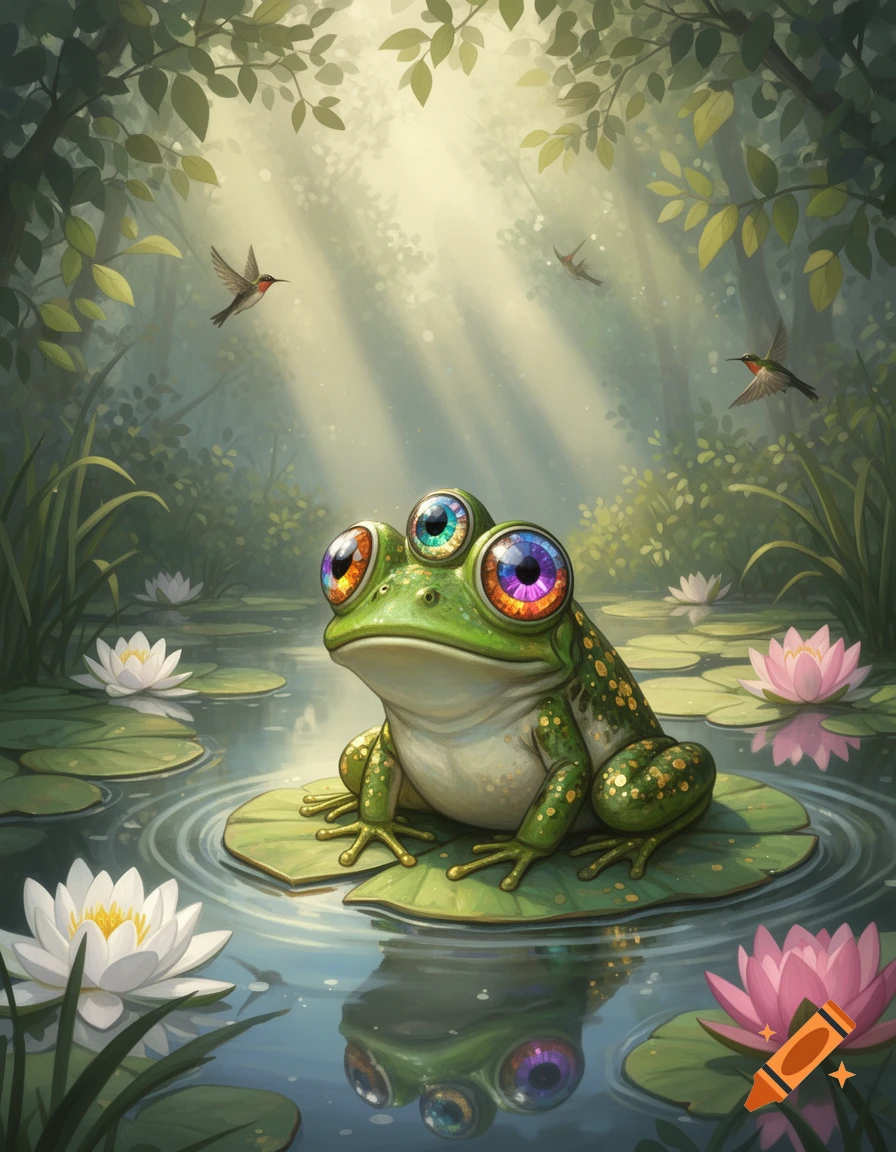 A whimsical three-eyed frog with colorful pupils sits on a lily pad in a sunlit pond with water lilies and hummingbirds.