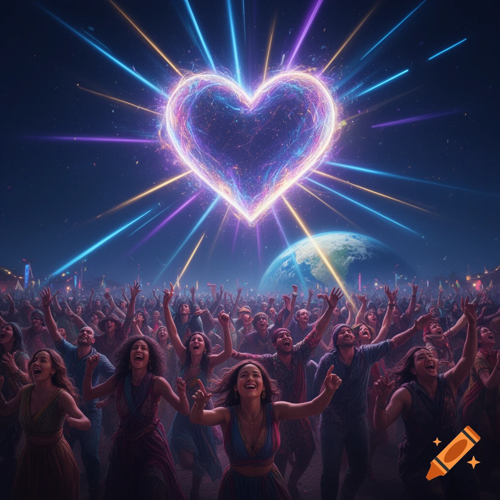 A diverse crowd of people dance with hands raised under a vibrant night sky, with a luminous energy heart and Earth visible in the background.