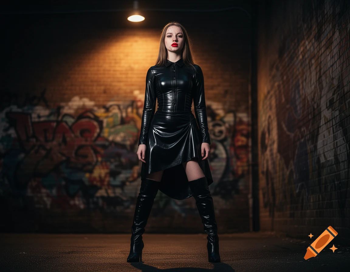 A young woman with red lips in a black shiny latex outfit and over-the-knee boots stands in a dimly lit graffiti-covered alley.