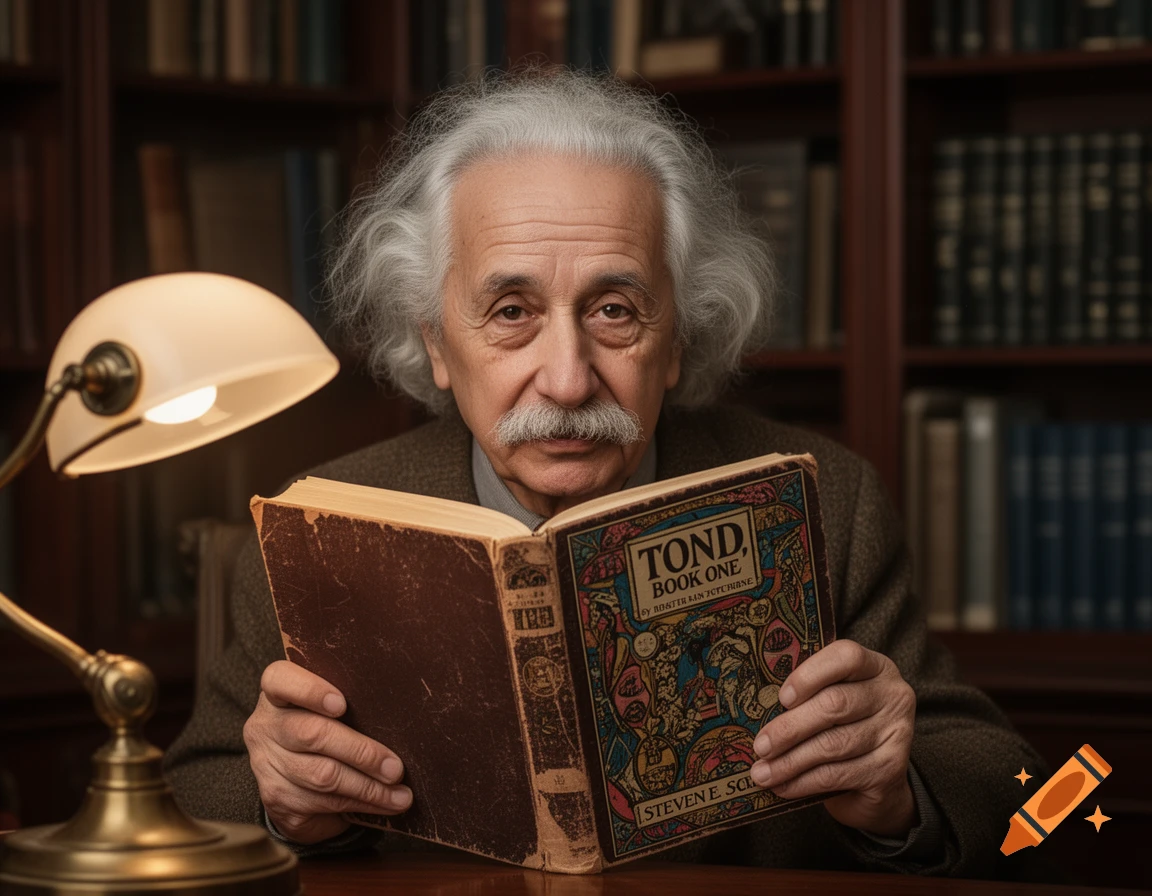 An old man resembling Einstein with white hair and mustache reads a book under a desk lamp in a photorealistic library setting.