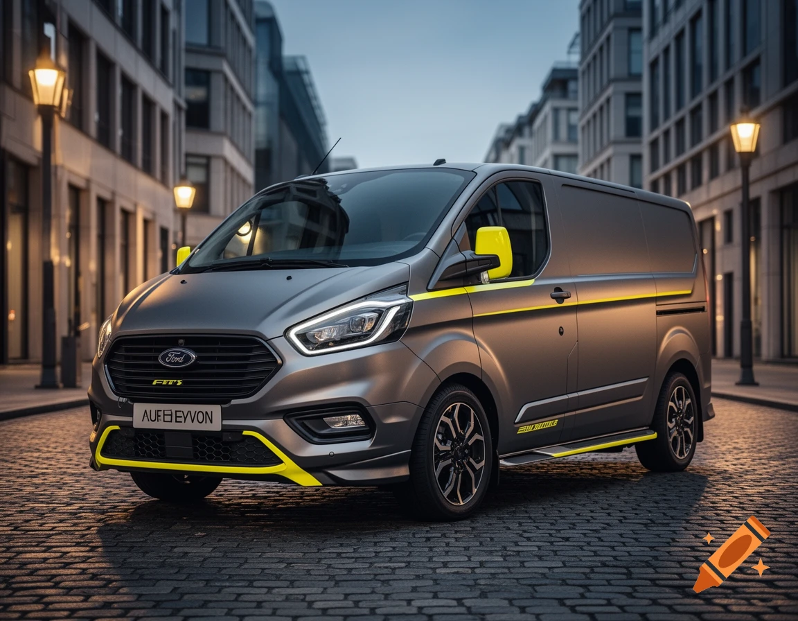 A grey Ford van with yellow accents is parked on a cobblestone street in a city with buildings in the background.