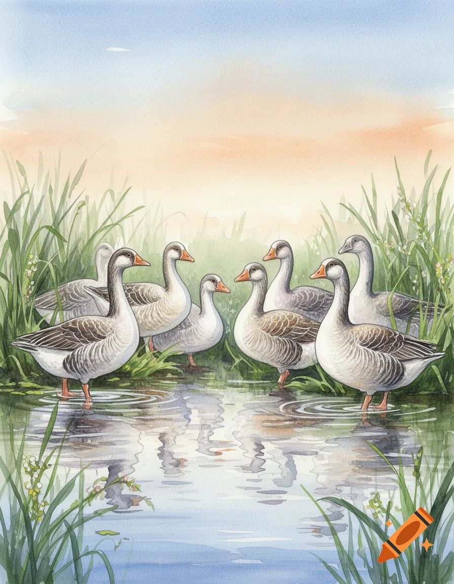 A watercolor painting of a group of geese standing in a reedy pond at dawn.
