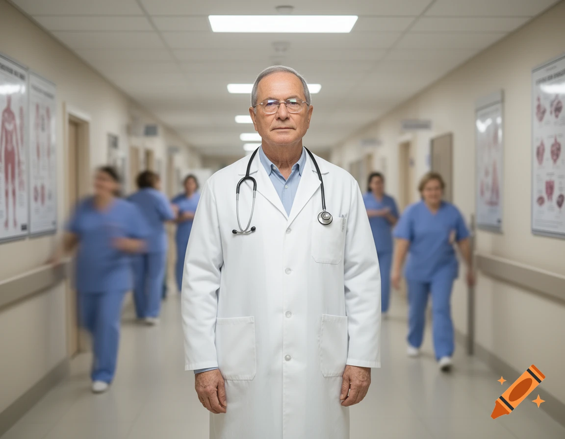An older male doctor in a white lab coat and stethoscope stands in a bright hospital hallway with blurred medical staff in the background.