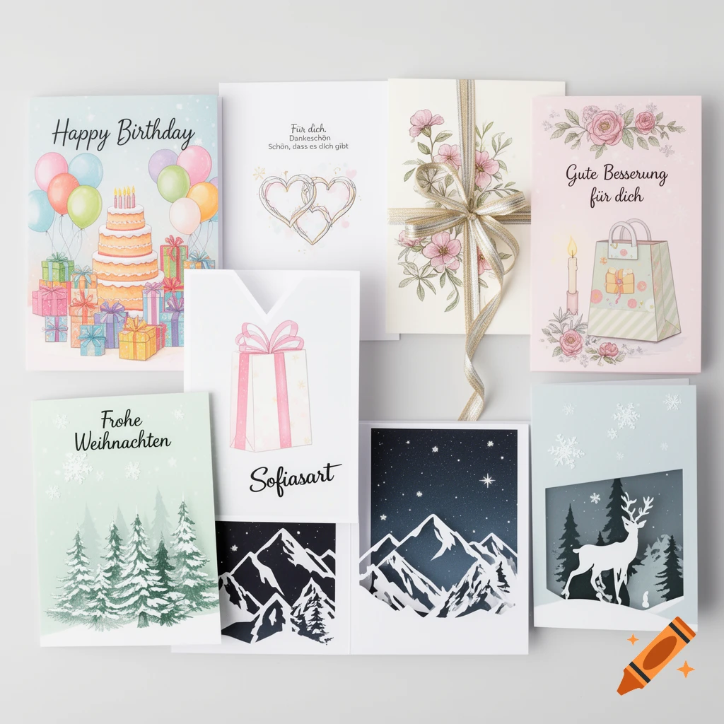 A flat lay of various artistic greeting cards for different occasions, including birthday, thank you, get well, and Christmas, with nature and gift designs.