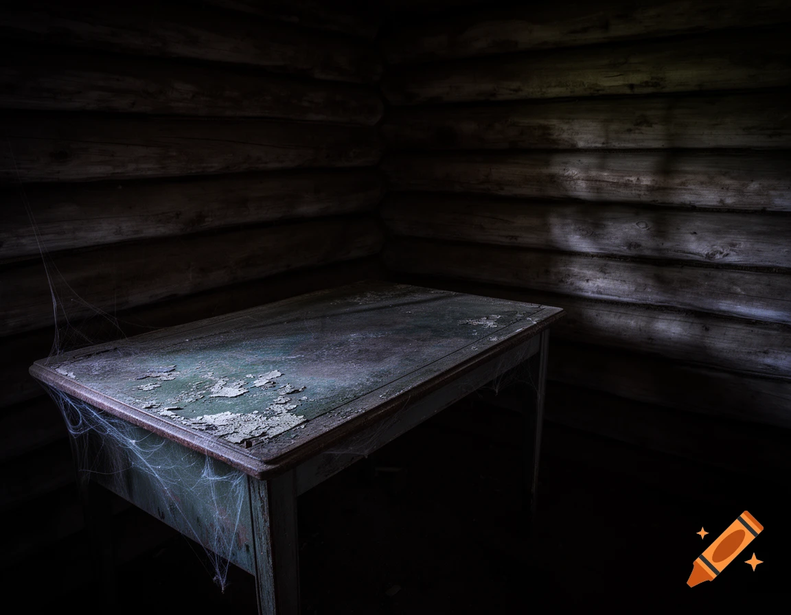 A dark, atmospheric photo of an old table with peeling paint and spiderwebs in a shadowy log cabin.